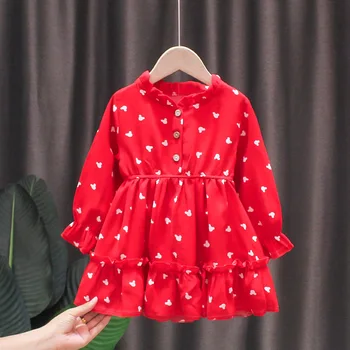 1-8Y Dekleta Rdečo Obleko Jeseni Nov Baby Dekle z Dolgimi rokavi Obleka Princess Oblačenja Pomlad Otrok Cvetlični Šifon Otroci Obleke Oblačila