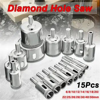 15pcs/set Diamantne kronske žage drill bit orodje, 6-50mm keramike, porcelana, stekla marmorja 6/8/10/12/14/16/18/20/22/25/26/28/30/40/50mm