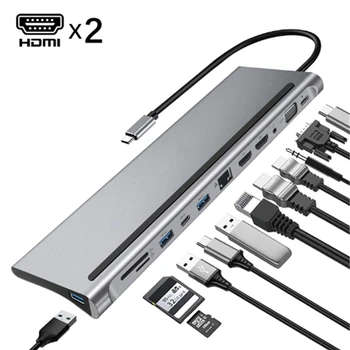 1PC 12-V 1 USB Tip-C Hub, da Dual-Hdmi priključek Rj45 Multi USB 3.0 Power Adapter Docking Station za Prenosnik Podporo Pd Prenos