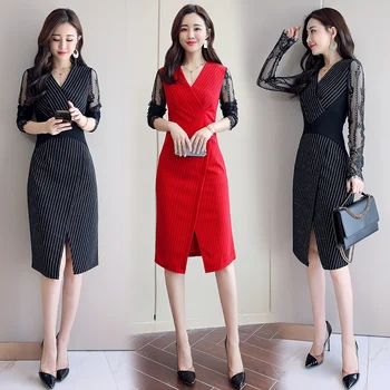2019 poletje Novo slim Čipke rokav črtasto obleko Dame temperament obleko korejski pomlad obleko vrh kakovosti obleke