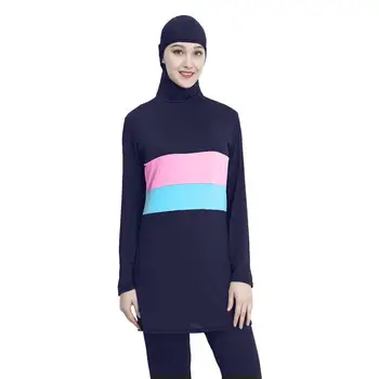 2019 Ženske Dolg Rokav Muslimanskih Kopalke Kontrast Barve Hooded Hidžab Arabski Islamski Plavati Surf Obrabe Burkinis Kopalke Plus Velikost