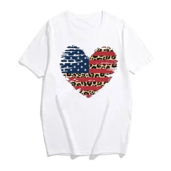 2020 4. julija Majica Leopard Tiskanja Ameriško Zastavo Srca T-Shirt Smešno Dan Neodvisnosti Graphic Tee Ženske Patriotske tshirt