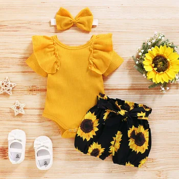 2020 Baby Poletnih Oblačil, Newborn Baby Dekle Cvetlični Oblačila Kratek Rokav Romper Jumpsuit+Sončnično Tutu Hlače 3Pcs Obleke Set