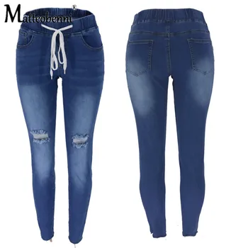 2020 Jesenski Modni Jeans Ženske Elastični Pas Za Hlače Skinny Hlače Modre Barve Z Luknjo Stretch Suh Hip Dvig Seksi Svinčnik Hlače