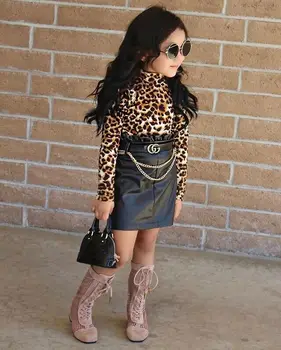 2020 Moda Baby Dekle Leopard Oblačila z Dolgimi Rokavi Leopard majica Vrhovi mini črno usnjeno Krilo 2PCS Dekleta Stranka Obleko 11365