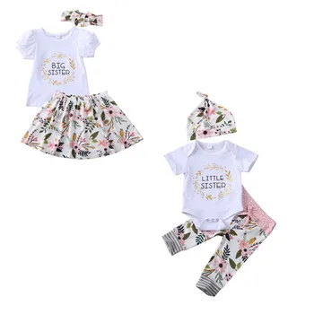 2020 Novo blagovno Znamko Malčka Otroci Baby Dekleta Malo starejša Sestra Cvetlični Obleka, T-majica+Hlače +Glavo 3pcs Obleko Set