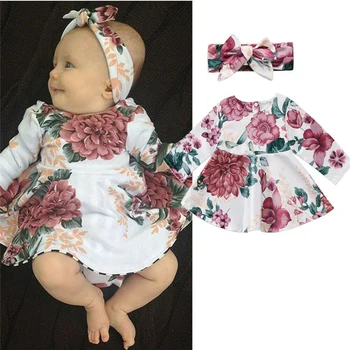 2020 Novorojenega Dojenčka Baby Dekleta Oblačenja Obleke Komplet Oblačil Cvetlični Otroci, Dolg Rokav Obleka +Glavo 2pcs Za 0-24 M