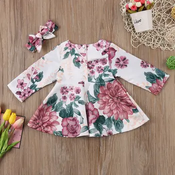 2020 Novorojenega Dojenčka Baby Dekleta Oblačenja Obleke Komplet Oblačil Cvetlični Otroci, Dolg Rokav Obleka +Glavo 2pcs Za 0-24 M