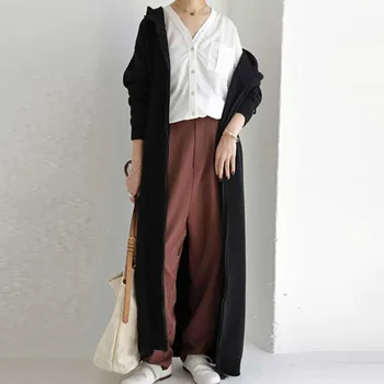 2020 Padec Dolgo Majica Plašč Minimalism Japonske Ženske Navaden Zadrgo Hoodie Priložnostne Svoboden Moda Korejski Zip Kapuco
