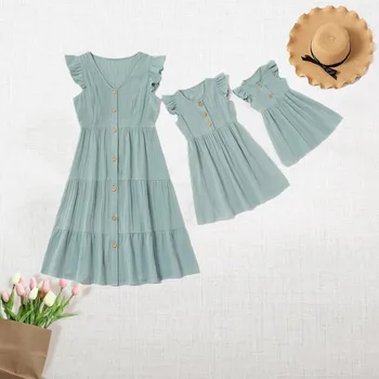 2020 Poletje Mati Hči Obleko Družino Videz Modra Bombaž Perilo Baby Dekleta Oblačenja Družino Ujemanja Obleke Mamica in mi Oblačila
