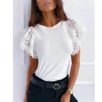 2020 Poletje Moda Seksi Mozaik Čipke Slim T-Shirt Ženske Kratek Rokav Tees Priložnostne Trdna Dame O-Izrez Črno Beli Vrhovi