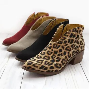 2020 Ženske Škornji Leopard Čevlji Zimski Jeseni Jeseni Zadrgo Škornji V Izrezanka Konicami Prstov Kvadratnih Petah Seksi Antilop Škornji