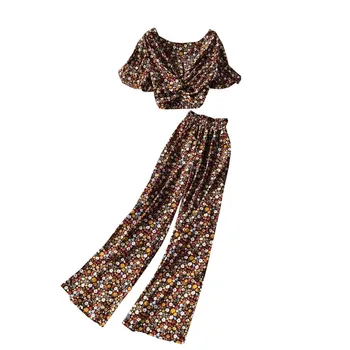 2021 poletje novih Proti-vrat kratka sleeved cvetlični bluzo Vrhovi Ženske določa šifon elastični pas širok noge hlače obleko, dvodelno, oblačila
