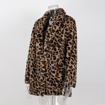 2021 Ženske Leopard Coats Pozimi Plišastih Toplo medvedek Jakne Plašči Specializiranimi za umetno Krzno Žensk Outwear Moda Dolgo Hooded Za Ženske Vroče