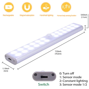 24LEDs Ultra-tanek PIR Senzor Gibanja LED Kabinet Noč Svetlobe USB Polnilna LED Pod Kabinet Nočna Lučka Za Omaro Omari