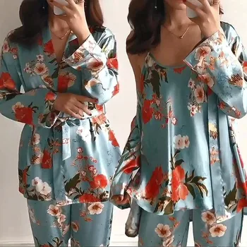 3PCS Ženske Pižame Nastavite Lady Posnemanje Svile Pyjama Določa Cvet Sleepwear samici Saten Homewear Z Odstranljivo Oblazinjeni