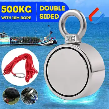 500KG Dvojni Stranski Močno Zmogljiv Neodymium Magnetom Kavelj za Reševanje Magnet Reke Ribiška Oprema Imetnik Vleče Montaža Lonec+Vrv