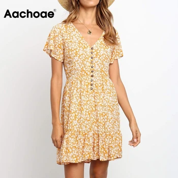 Aachoae Ženske Priložnostne A Linija Obleke 2020 Poletje Cvjetnim Tiskanja V Vratu Boho Plaža Obleko Gospe Kratek Rokav Mini Obleka Haljo Femme