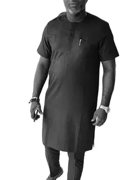 Afriške Moda Solid Black Kratek Rokav Vrhovi+Hlače Senator Obleke, Moške Obleke Afriške Sopihanje Določa Stranka Oblačila
