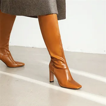 Asumer 2020 novo prispeli visoke pete stranka čevlji dame, dolge čevlji trdne barve kvadratni toe jeseni, pozimi kolena visoki škornji ženske