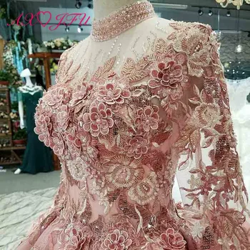 AXJFU luksuzni princesa beading kristalno roza čipke visoko vratu nevesta sparkly vlak ruffles vezenje žogo obleke poročni obleki 0400