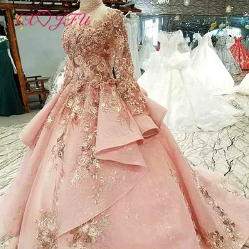 AXJFU luksuzni princesa beading kristalno roza čipke visoko vratu nevesta sparkly vlak ruffles vezenje žogo obleke poročni obleki 0400