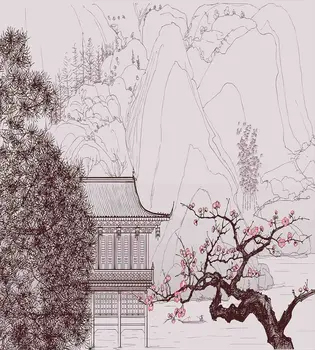 Azijske Rjuhe Kritje Nastavite Kitajski Vere Tempelj Sakura Dreves Gorske Oblike Pagoda Vzhodni Umetnine Tiskanja Posteljnine Komplet Roza, Rjava 16666