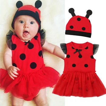 Baby Dekle Čipke Ladybug Tiskanja Romper 2Pcs Sunsuit Nastavite Malčka iztrgana Tutu igralne obleke+Klobuk Halloween Party pustna Oblačila