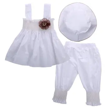 Baby Toddler Otroci Dekliška Oblačila, Čisto Beli Vrhovi Obleko+Hlače+Klobuk 3pcs Stranki Poroka Obleke Obleke