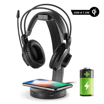 Befon RGB Slušalke Stojala s 4 Vrata USB, Podpira Brezžično Polnjenje,Slušalke Držalo za Igralce Gaming PC Pribor Mizo