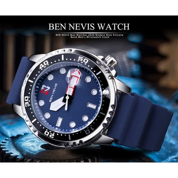 BEN NEVIS Šport Serije Quartz uro Moških Mornarsko Modri gumb za Izbiranje Nepremočljiva moško ročno uro Ura Gume Watch Trak Hombres Relojes