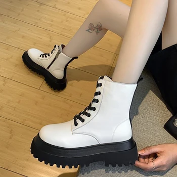 Blagovne znamke Oblikovalec Ženske Belo Platformo Ženska, Čevlji Kvadratni Petah Usnje Zimski Škornji za Ženske Priložnostne Moda Strani Zip Čevlji