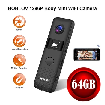BOBLOV Mini Kamera, WIFI Motion Detect 64 G HD 1296P Strokovno BodyCam Mikro Magnet Kamere Zanke Snemanje DVR Kamera