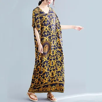 Bombaž saten letnik cvetlični plus velikost ženske priložnostne ohlapne dolge poletne plaže obleka elegantna oblačila 2021 ženske obleke sundress