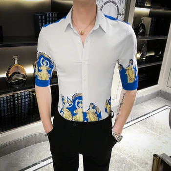 Britanski Stil Poletje Moških Cvetlični Majica Fashion 2020 Slim Fit Moški Socialne Srajce Pol Rokav Ulične Klub Jopičem Obleko, Bluza