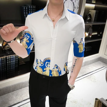 Britanski Stil Poletje Moških Cvetlični Majica Fashion 2020 Slim Fit Moški Socialne Srajce Pol Rokav Ulične Klub Jopičem Obleko, Bluza