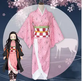 Celoten Sklop Demon Slayer Kimetsu ne Yaiba Kamado Nezuko Cosplay Kostum Kimono lasuljo Geta Čevlji Pokrivala Japonske Anime Halloween Obleko