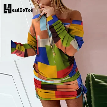 Colorblock Vrvico Ruched Majica Obleka Ženske Dolg Rokav Priložnostne Osnovne Jeseni Obleko