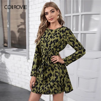 COLROVIE Multicolor ključavnična luknja Nazaj Allover Tiskanja Obavijen Tunika Obleka Ženske 2021 Pomlad O Vratu Priložnostne Naravnost Kratke Obleke