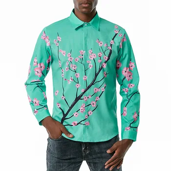 Cvjetnim Tiskanja Hawaiian Rokavi Moški 2020 Blagovne Znamke, Slim Fit, Dolg Rokav Obleka Mens Majice Stranka Plaži Na Havajih Majica Moški Camisa Masculina