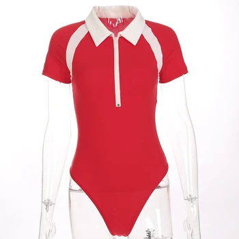 Darlingaga Bombaž moda rdeče ženske obleka telo zadrgo mozaik kontrast barve poletje vrhovi 2020 jumpsuit organe ženske skinny