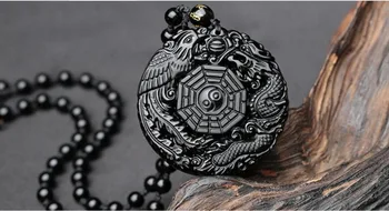 Debelo Visoke Kakovosti Naravnega kamna Črni Obsidian ročno Izrezljane Zmaj in Feniks Srečo, Amulet Za Ženske Moški obesek Ogrlice