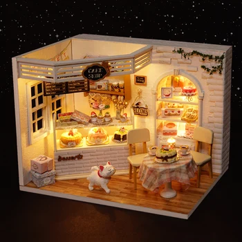 DIY Lutka Hiša Miniaturni Lutke Prahu, pokrijemo S Pohištvom LED 3D Lesene Sestavljanje Puzzle Igrača Za Otroke, Darila, Torta, Dnevnik H014 #E