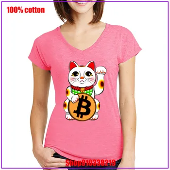 Do leta 2020 se najbolje Prodajajo Bitcoin Srečen Mačka Maneki Neko T Srajce Pre-bombaž T-Shirt Novo podobo Ženske Bitcoin V-neck Majica s kratkimi rokavi za Ženske 1646