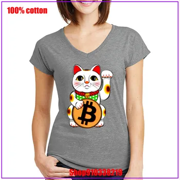 Do leta 2020 se najbolje Prodajajo Bitcoin Srečen Mačka Maneki Neko T Srajce Pre-bombaž T-Shirt Novo podobo Ženske Bitcoin V-neck Majica s kratkimi rokavi za Ženske
