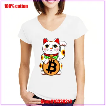 Do leta 2020 se najbolje Prodajajo Bitcoin Srečen Mačka Maneki Neko T Srajce Pre-bombaž T-Shirt Novo podobo Ženske Bitcoin V-neck Majica s kratkimi rokavi za Ženske