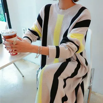 Dolg Rokav Dame, Ohlapno Obleko Koreja Eno-Kos Slim Lady Trak Pulover Knitt Obleke Jeseni, Pozimi 2020 Ženske Obleke Dolgo Obleko