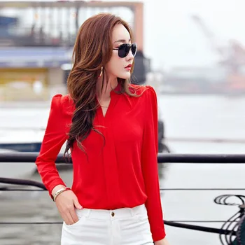 Dolgo Majico Rokavi Ženske Jesenskih Modnih Oblačil, Slim Šifon Bluzo V Vratu Korejski Elegantne Dame Urad Srajce Bela Rdeča