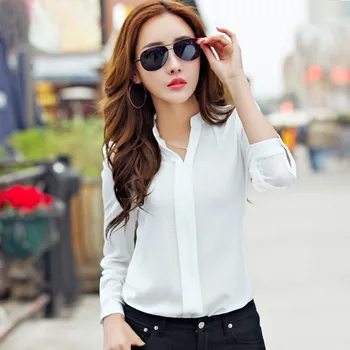 Dolgo Majico Rokavi Ženske Jesenskih Modnih Oblačil, Slim Šifon Bluzo V Vratu Korejski Elegantne Dame Urad Srajce Bela Rdeča