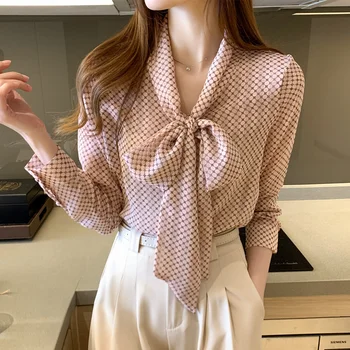 Elegantne ženske pika bluze korejski modnih oblačil žensk roza šifon bluzo lok kravato lady majico in bluza